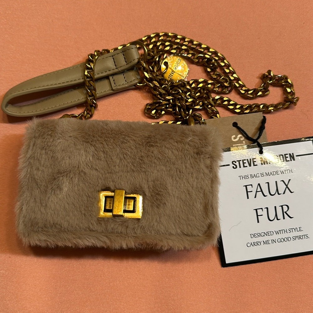 New Steve Madden Mini Faux Fur Mini Shoulder Bag. Taupe.